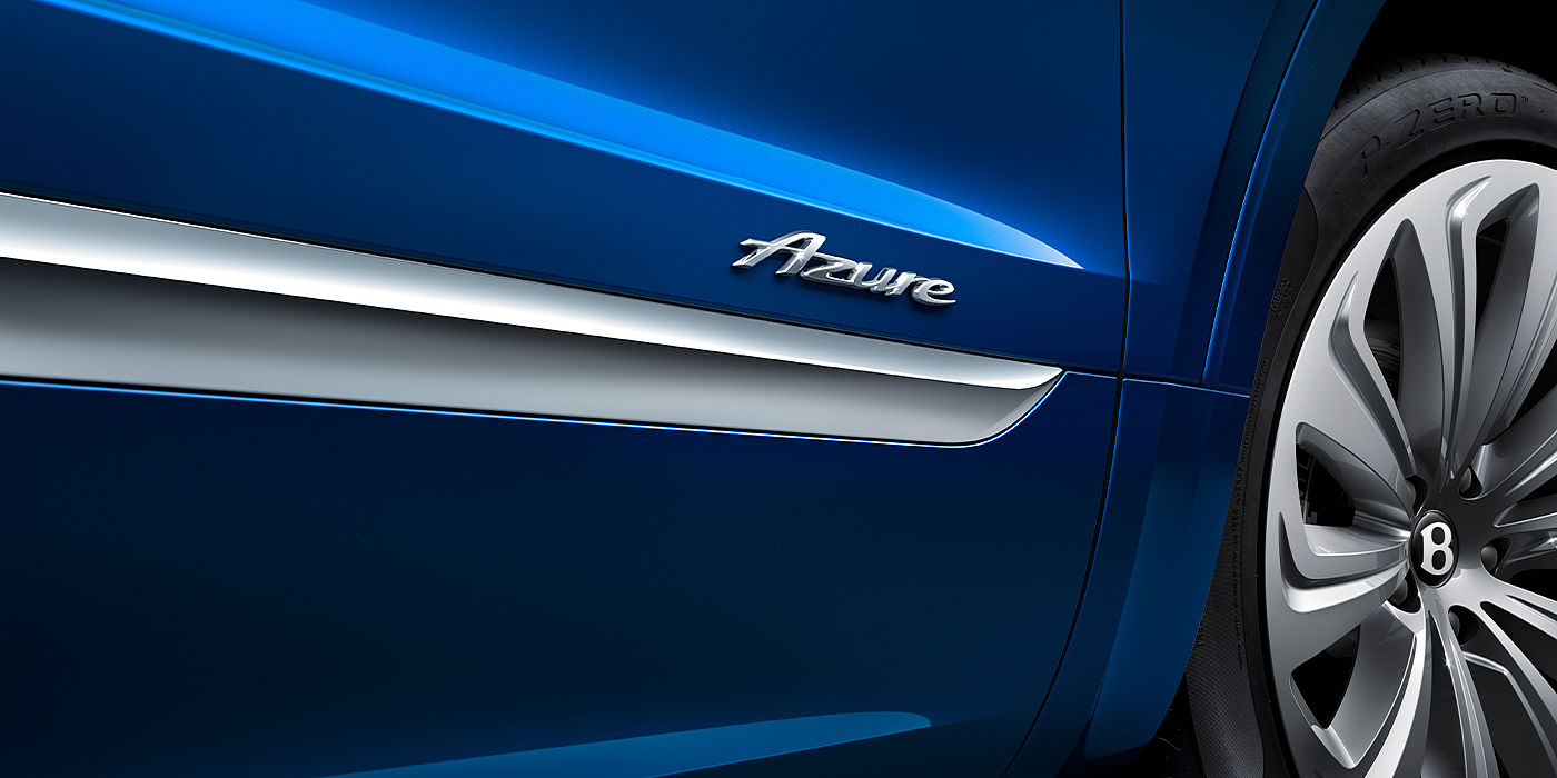Bentley Geneve Bentley Bentayga Azure SUV Sequin Blue paint with Azure badge close up
