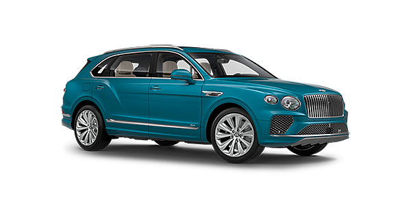 Bentley Geneve Bentley Bentayga EWB Azure front side angled view in Topaz blue coloured exterior. 