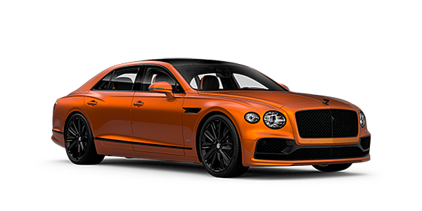 Bentley Geneve Bentley Flying Spur Speed front side angled view in Orange Flame coloured exterior. 