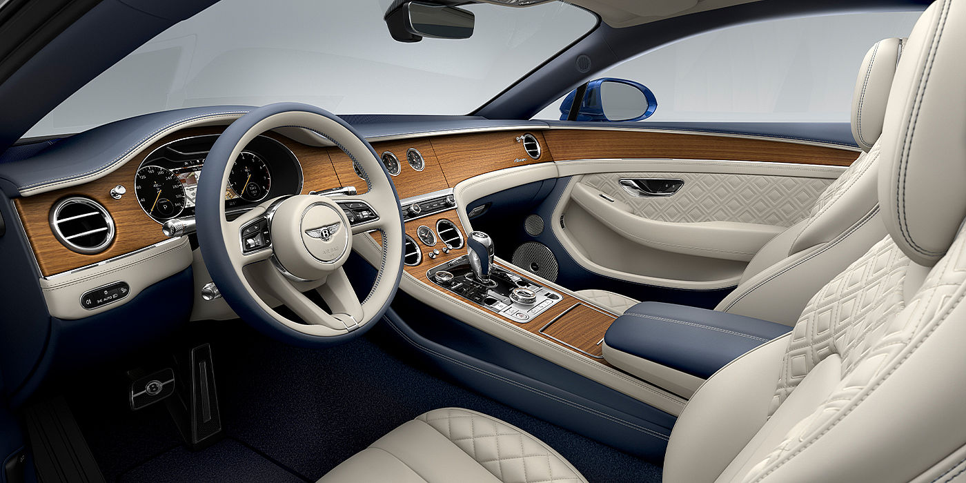 Bentley Geneve Bentley Continental GT Azure coupe front interior in Imperial Blue and linen hide