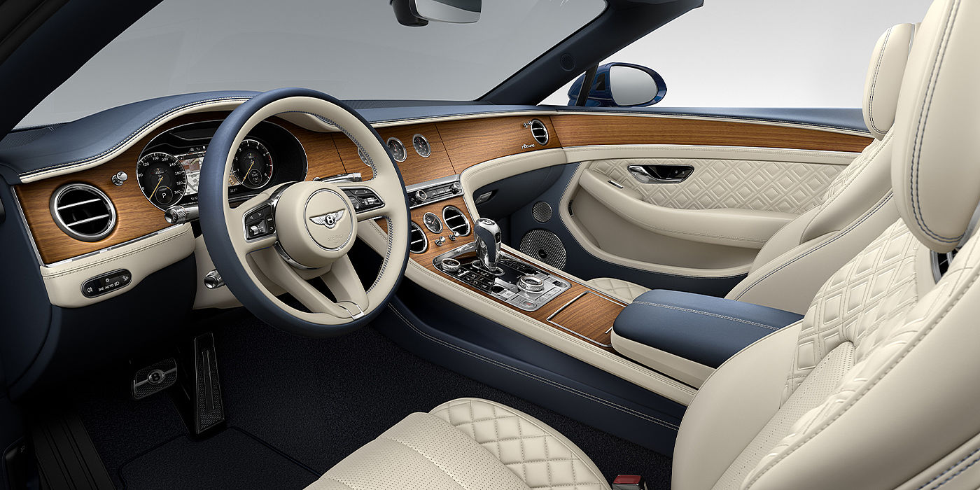 Bentley Geneve Bentley Continental GTC Azure convertible front interior in Imperial Blue and Linen hide