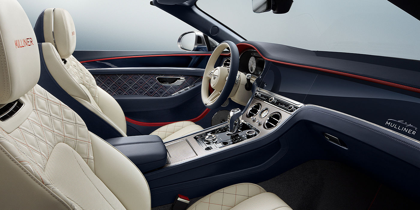 Bentley Geneve Bentley Continental GTC Mulliner convertible front interior in Imperial Blue and Linen hide